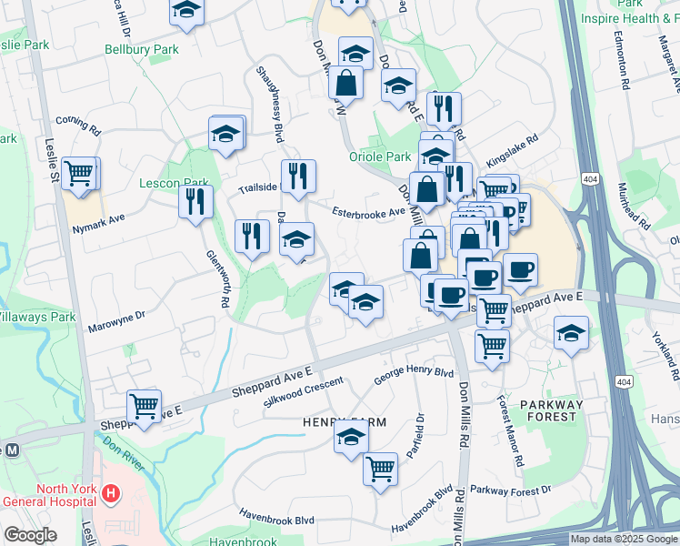map of restaurants, bars, coffee shops, grocery stores, and more near 132 Shaughnessy Boulevard in Toronto