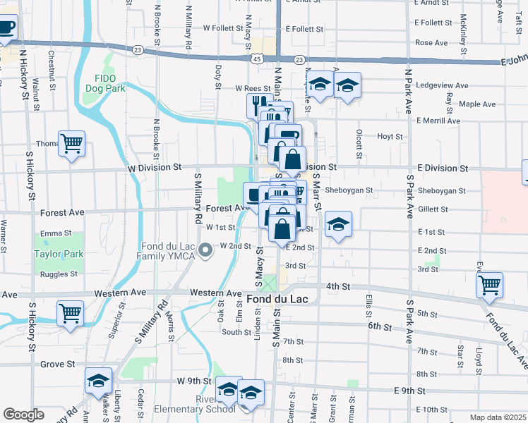 map of restaurants, bars, coffee shops, grocery stores, and more near 17 Forest Avenue in Fond du Lac