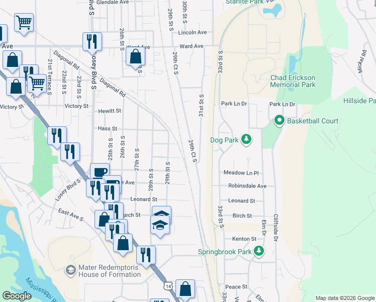 map of restaurants, bars, coffee shops, grocery stores, and more near 2912 Jane Street in La Crosse
