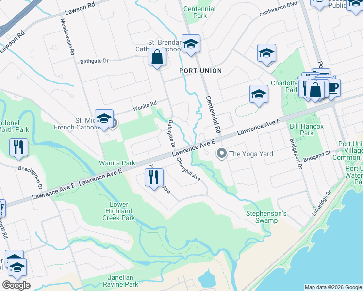 map of restaurants, bars, coffee shops, grocery stores, and more near 5294 Lawrence Avenue East in Toronto