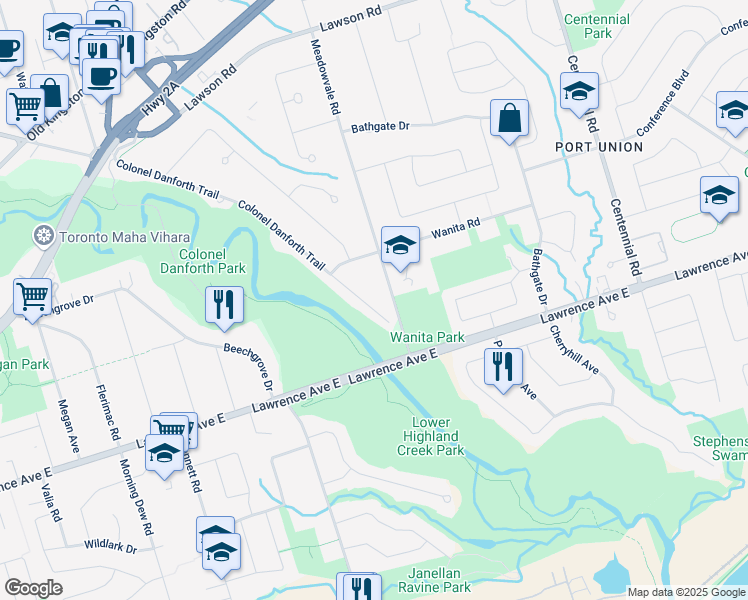 map of restaurants, bars, coffee shops, grocery stores, and more near 140 Colonel Danforth Trail in Toronto