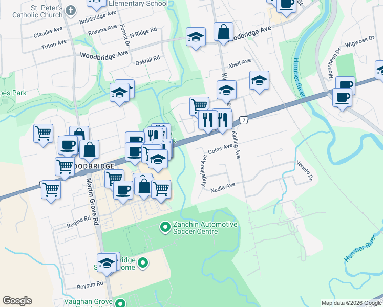 map of restaurants, bars, coffee shops, grocery stores, and more near 115 Coles Avenue in Vaughan
