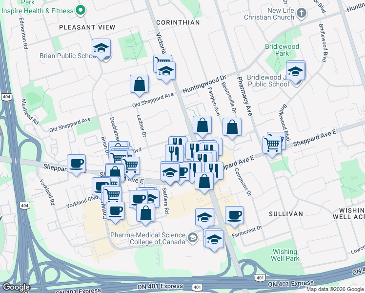 map of restaurants, bars, coffee shops, grocery stores, and more near 100 Hazelnut Crescent in Toronto