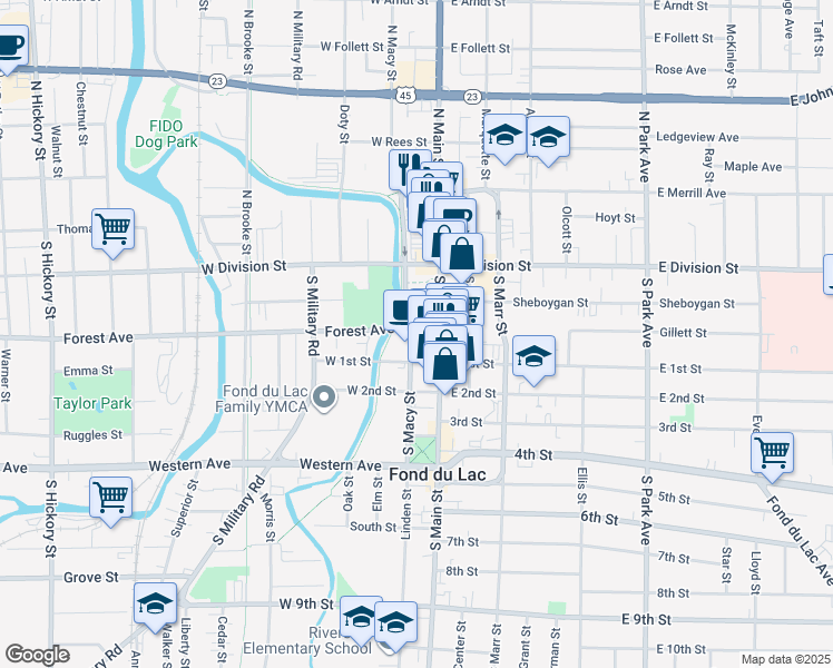 map of restaurants, bars, coffee shops, grocery stores, and more near 20 Forest Avenue in Fond du Lac