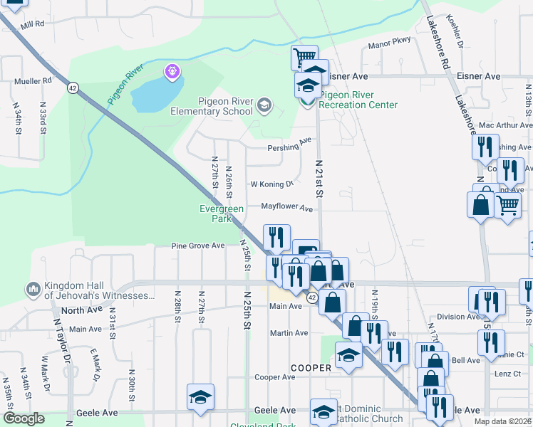 map of restaurants, bars, coffee shops, grocery stores, and more near 2408 Mayflower Avenue in Sheboygan