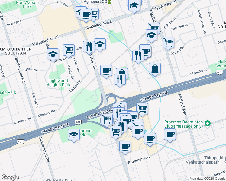 map of restaurants, bars, coffee shops, grocery stores, and more near 2033 Kennedy Road in Toronto