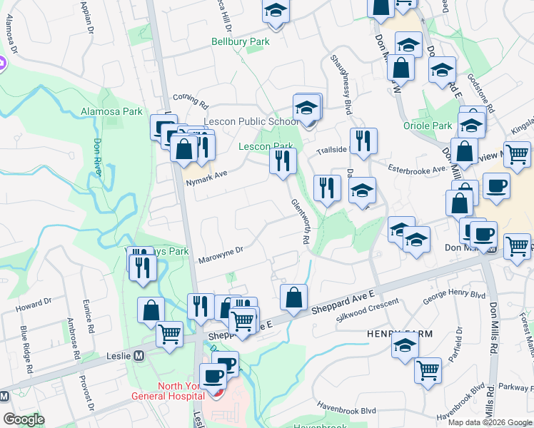 map of restaurants, bars, coffee shops, grocery stores, and more near 48 Marowyne Drive in Toronto