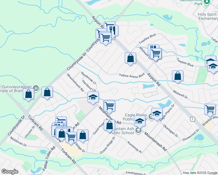 map of restaurants, bars, coffee shops, grocery stores, and more near 61 Haviland Circle in Brampton