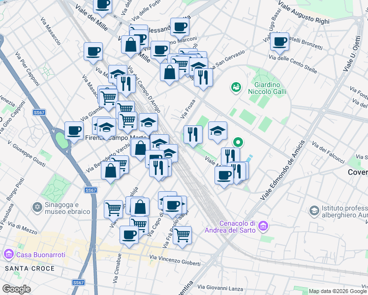 map of restaurants, bars, coffee shops, grocery stores, and more near 84 Via del Campo D'Arrigo in Florence