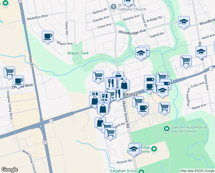 map of restaurants, bars, coffee shops, grocery stores, and more near 17 Agincourt Road in Vaughan