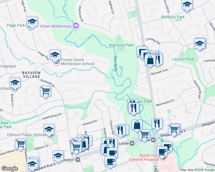 map of restaurants, bars, coffee shops, grocery stores, and more near 59 Hi Mount Drive in Toronto