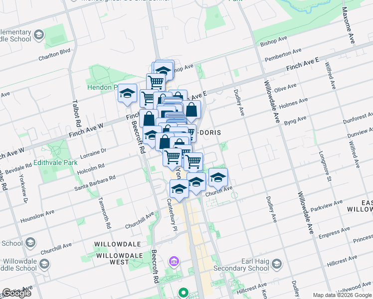 map of restaurants, bars, coffee shops, grocery stores, and more near 28 Byng Avenue in Toronto