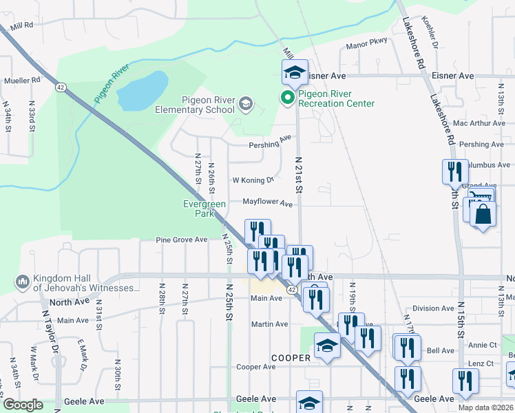 map of restaurants, bars, coffee shops, grocery stores, and more near 2312 Mayflower Avenue in Sheboygan