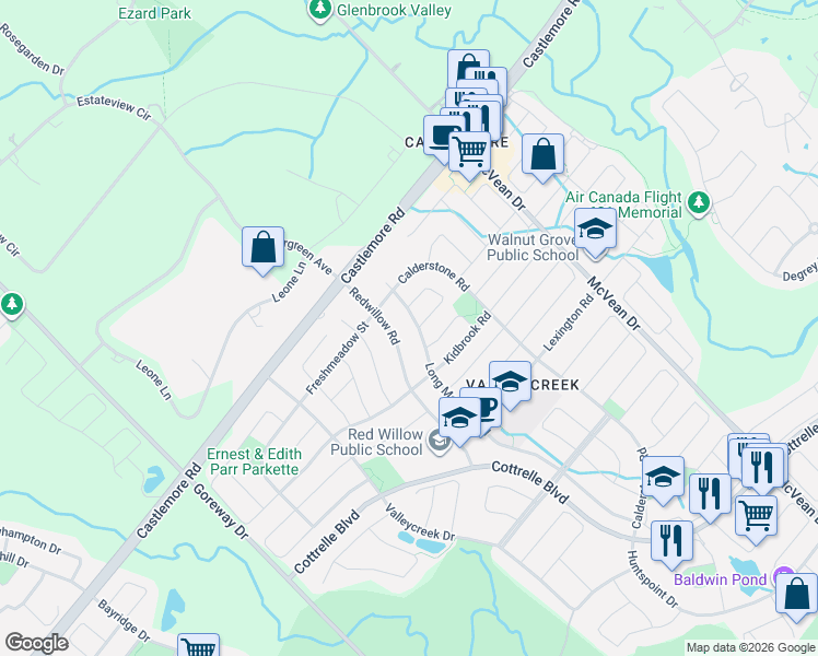 map of restaurants, bars, coffee shops, grocery stores, and more near 10 Long Meadow Road in Brampton