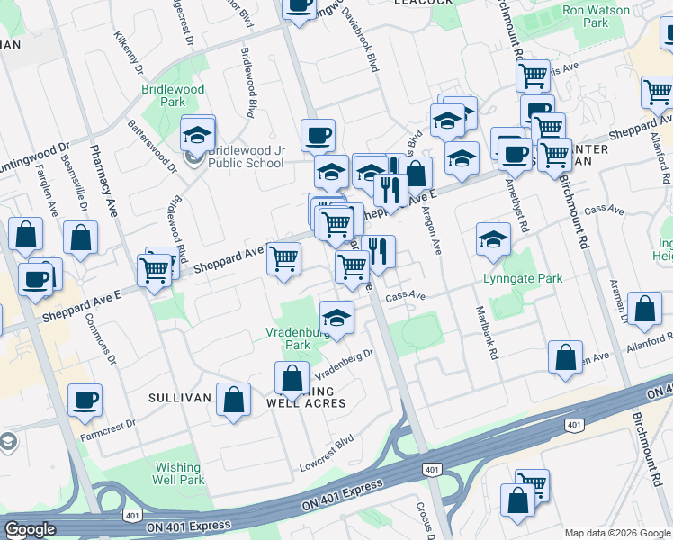 map of restaurants, bars, coffee shops, grocery stores, and more near 161 Palmdale Drive in Toronto
