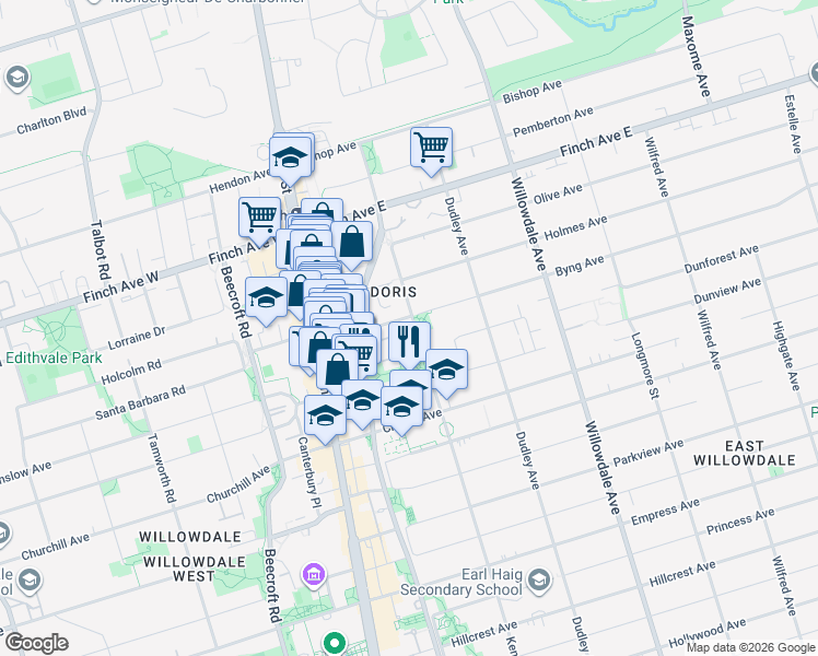 map of restaurants, bars, coffee shops, grocery stores, and more near 414 Kenneth Avenue in Toronto