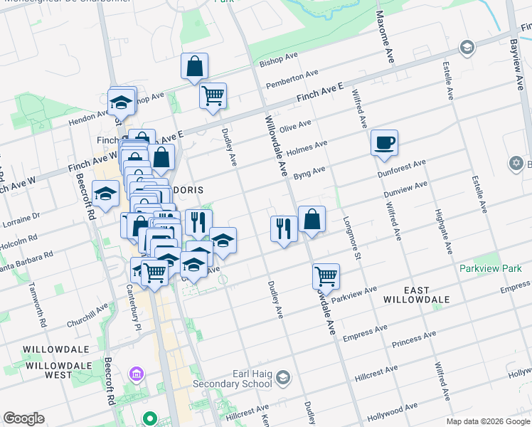 map of restaurants, bars, coffee shops, grocery stores, and more near in Toronto