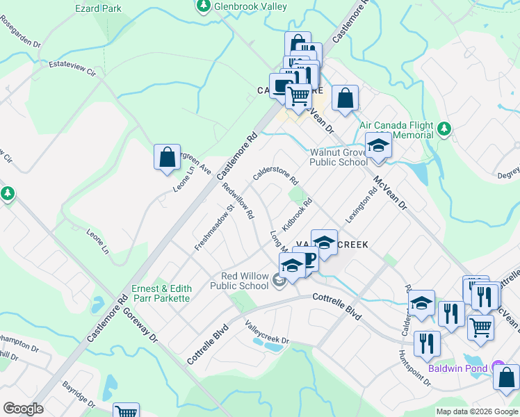 map of restaurants, bars, coffee shops, grocery stores, and more near 20 Long Meadow Road in Brampton