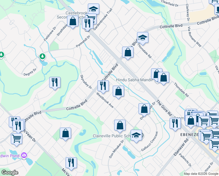 map of restaurants, bars, coffee shops, grocery stores, and more near 18 Pathmaster Road in Brampton