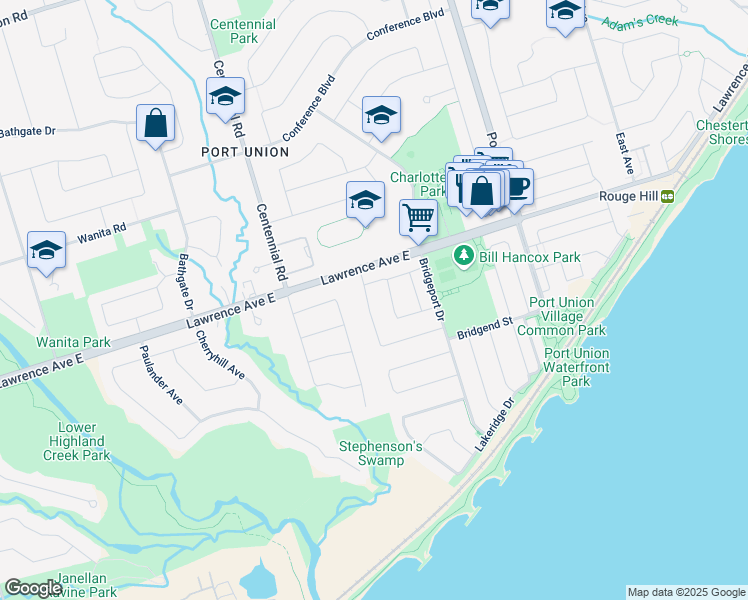 map of restaurants, bars, coffee shops, grocery stores, and more near 76 Portsmouth Drive in Toronto