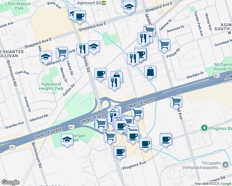map of restaurants, bars, coffee shops, grocery stores, and more near in Toronto