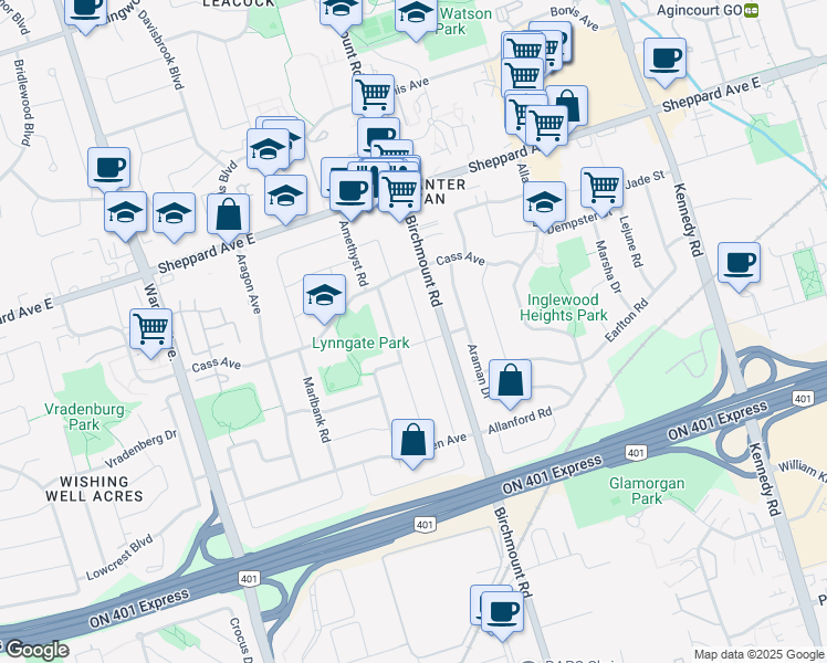 map of restaurants, bars, coffee shops, grocery stores, and more near in Toronto