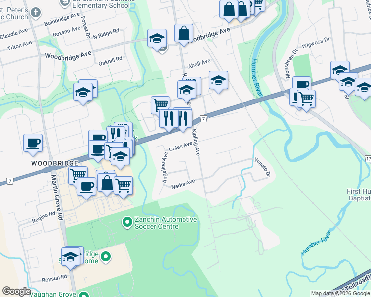 map of restaurants, bars, coffee shops, grocery stores, and more near in Vaughan