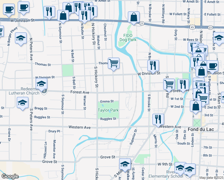 map of restaurants, bars, coffee shops, grocery stores, and more near 39 South Lincoln Avenue in Fond du Lac