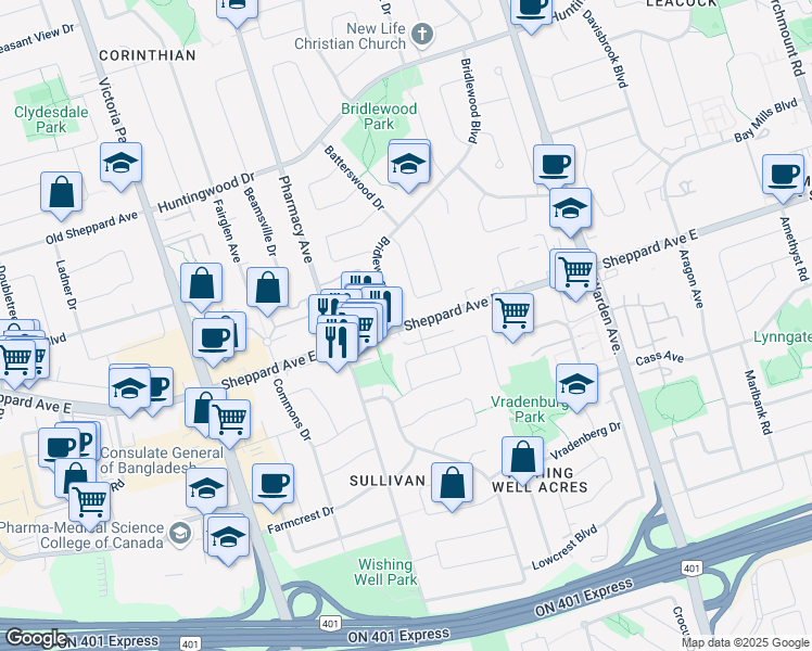 map of restaurants, bars, coffee shops, grocery stores, and more near in Toronto