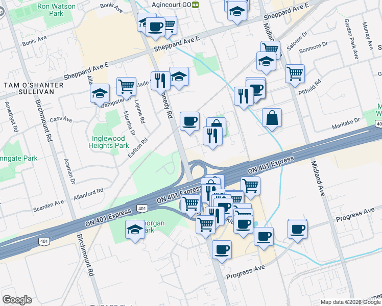 map of restaurants, bars, coffee shops, grocery stores, and more near 2031 Kennedy Road in Toronto
