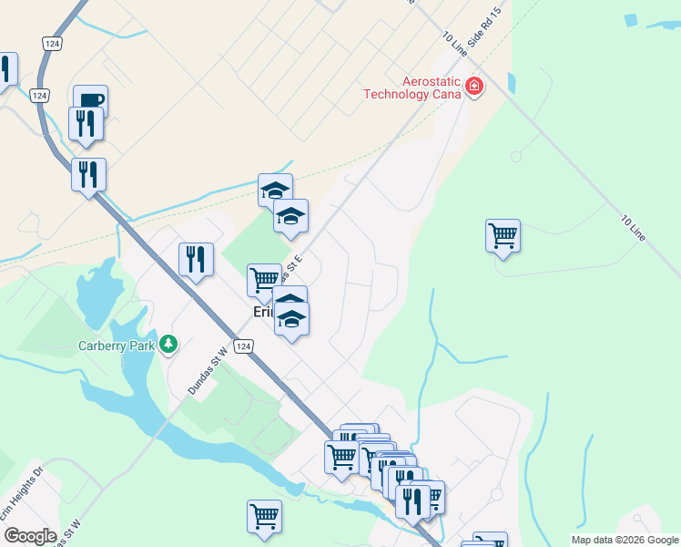 map of restaurants, bars, coffee shops, grocery stores, and more near 44 Erindale Drive in Erin