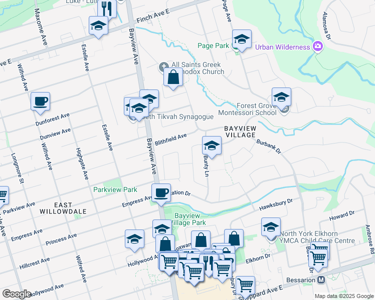 map of restaurants, bars, coffee shops, grocery stores, and more near 48 Palomino Crescent in Toronto