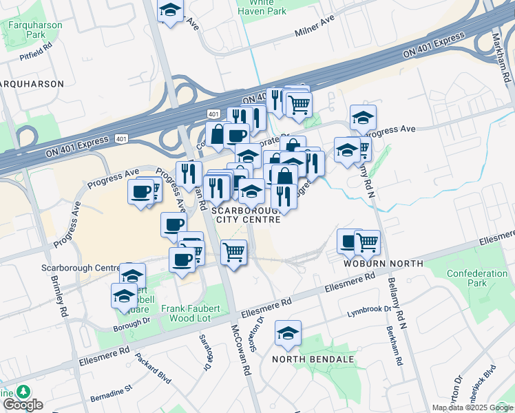 map of restaurants, bars, coffee shops, grocery stores, and more near 670 Progress Avenue in Toronto