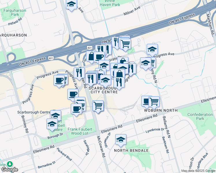 map of restaurants, bars, coffee shops, grocery stores, and more near 680 Progress Avenue in Toronto