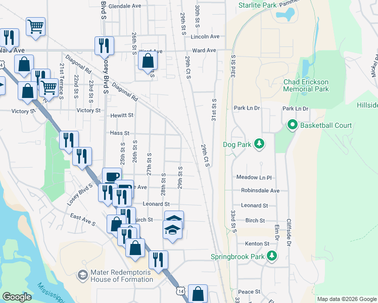 map of restaurants, bars, coffee shops, grocery stores, and more near 2912 Jane Street in La Crosse