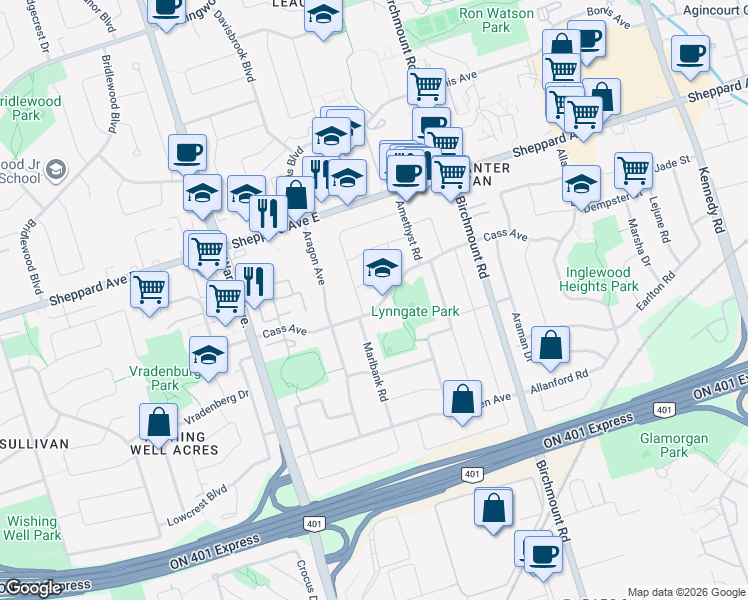 map of restaurants, bars, coffee shops, grocery stores, and more near 126 Cass Avenue in Toronto