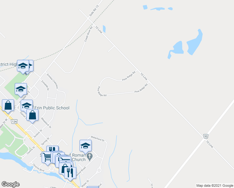 map of restaurants, bars, coffee shops, grocery stores, and more near 24 Pine Ridge Road in Erin