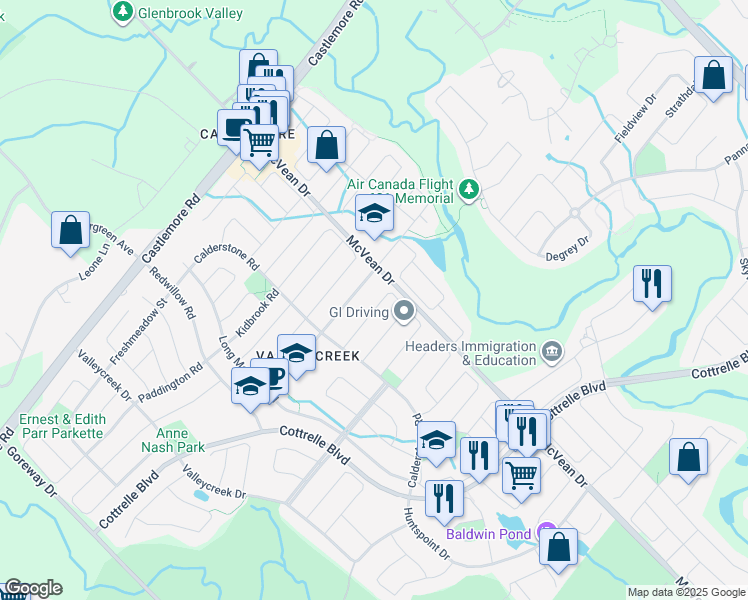 map of restaurants, bars, coffee shops, grocery stores, and more near 32 Lyndbrook Crescent in Brampton