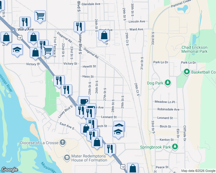 map of restaurants, bars, coffee shops, grocery stores, and more near 3117 27th Street South in La Crosse