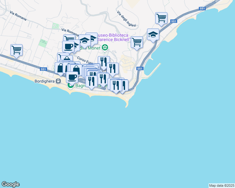 map of restaurants, bars, coffee shops, grocery stores, and more near 32 Via Sant'Ampelio in Bordighera