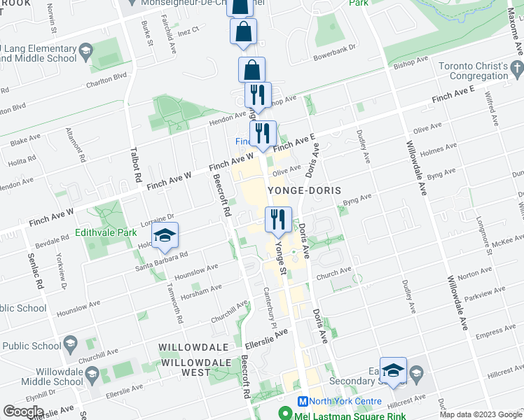 map of restaurants, bars, coffee shops, grocery stores, and more near 5460 Yonge Street in Toronto