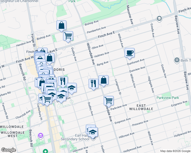 map of restaurants, bars, coffee shops, grocery stores, and more near 414 Willowdale Avenue in Toronto