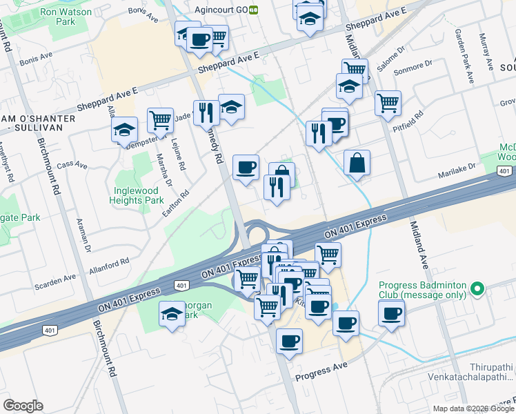 map of restaurants, bars, coffee shops, grocery stores, and more near in Toronto