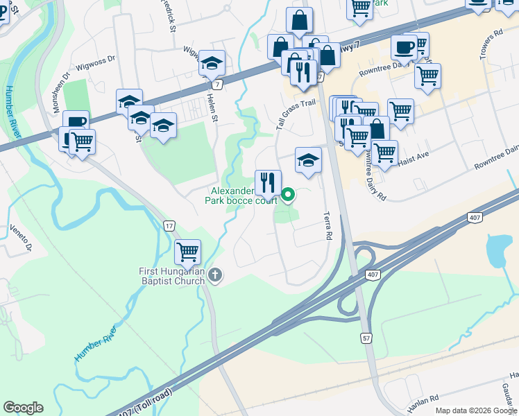 map of restaurants, bars, coffee shops, grocery stores, and more near 182 Timber Lane in Vaughan