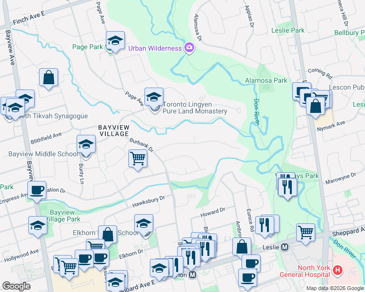 map of restaurants, bars, coffee shops, grocery stores, and more near 17 Hi Mount Drive in Toronto