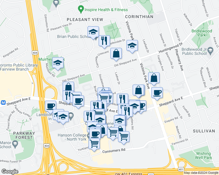 map of restaurants, bars, coffee shops, grocery stores, and more near 38 Wilkinson Drive in Toronto