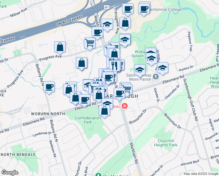 map of restaurants, bars, coffee shops, grocery stores, and more near in Toronto