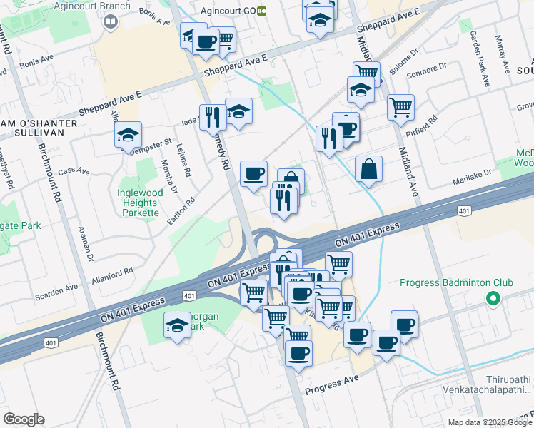 map of restaurants, bars, coffee shops, grocery stores, and more near in Toronto