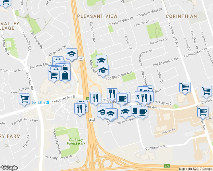 map of restaurants, bars, coffee shops, grocery stores, and more near 5 Old Sheppard Avenue in Toronto