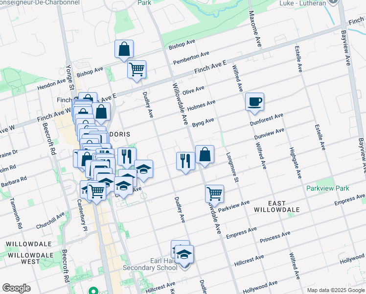 map of restaurants, bars, coffee shops, grocery stores, and more near in Toronto